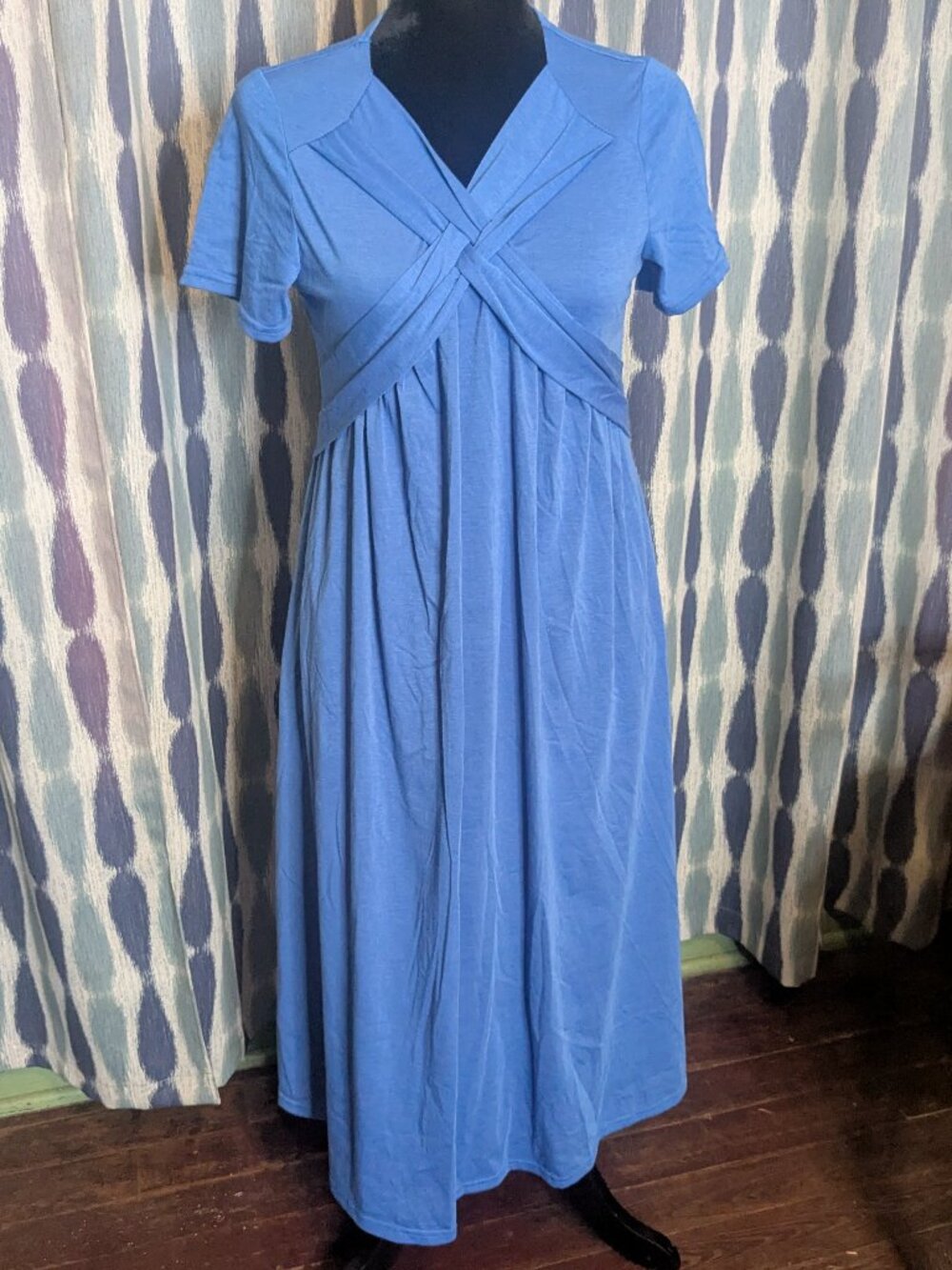 Uobin Blue Empire Waist Midi Dress Size M Short Sleeve Stretch